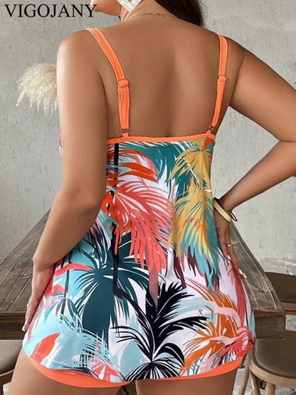 VigoJany 2025 Sexy Print 2 Piece Plus Size Tankini Women Strapped Hollow Curvy Swimsuit Brazilian Beach Lady Big Bathing Suit Good Vibrations
