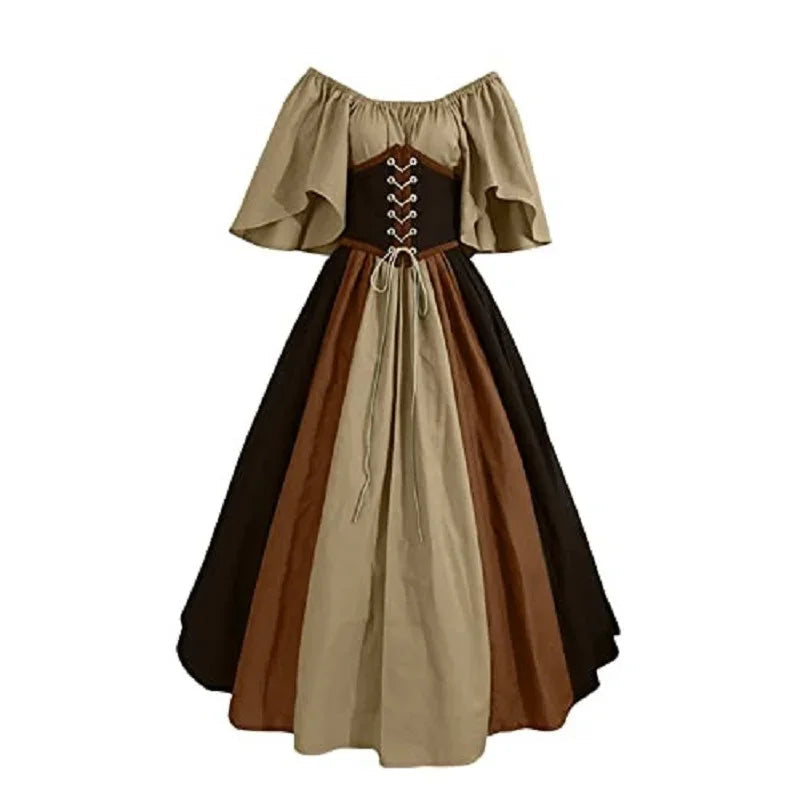 Halloween Costumes for Women Medieval Retro Contrasting Color Slim Swing Dress One-word Shoulder Dress Love Live Cosplay Good Vibrations
