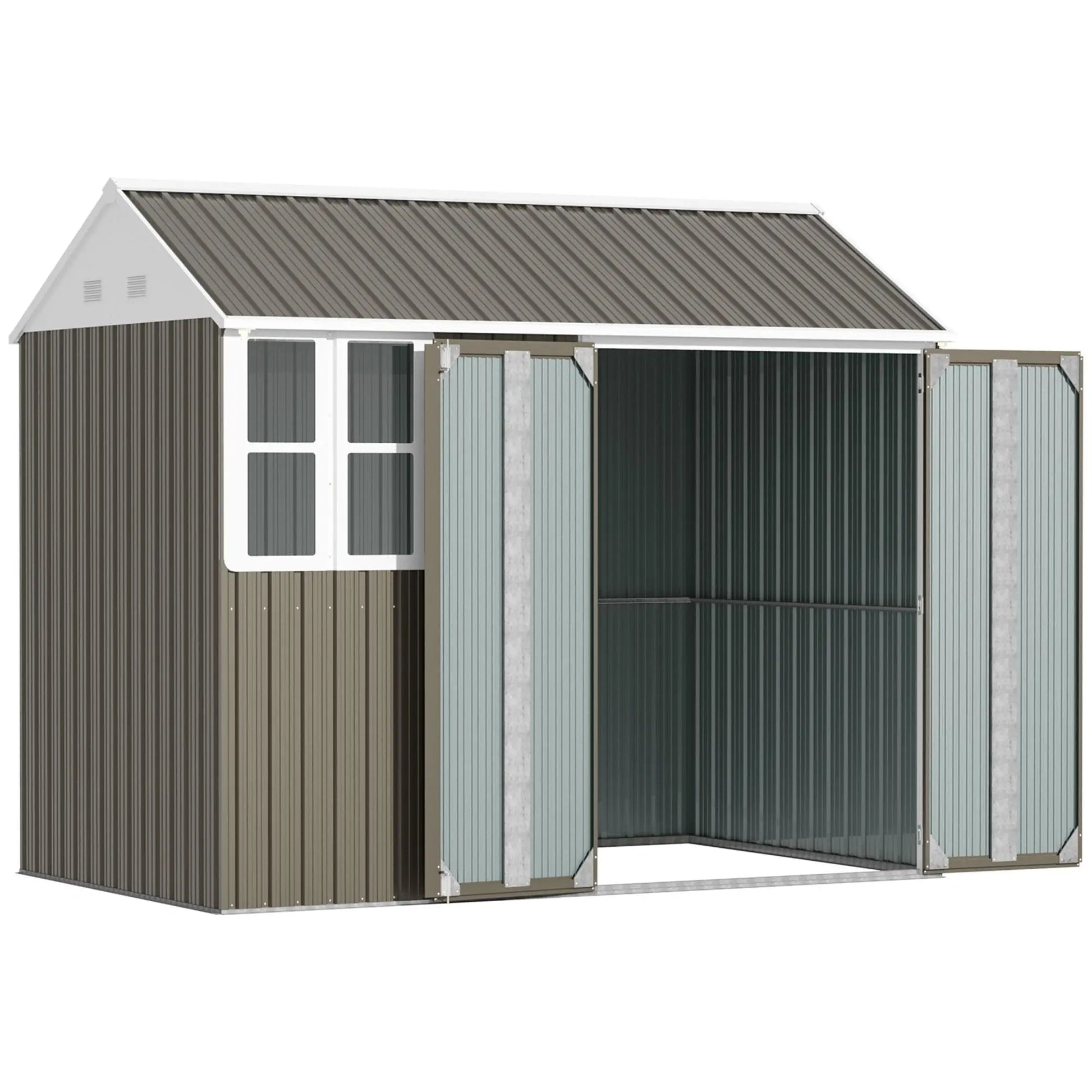 8' x 6' Metal Garden Storage Shed, Outdoor Tool Storage House with Double Lockable Door, Window and Air Vents, Gray Good Vibrations