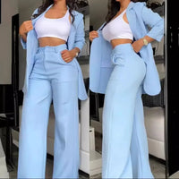 Women Pant Sets Two Piece Set Pants Turn Down Collar Single Breasted Tracksuit Outerwear Ankle Length Straight Pockets Loose Good Vibrations