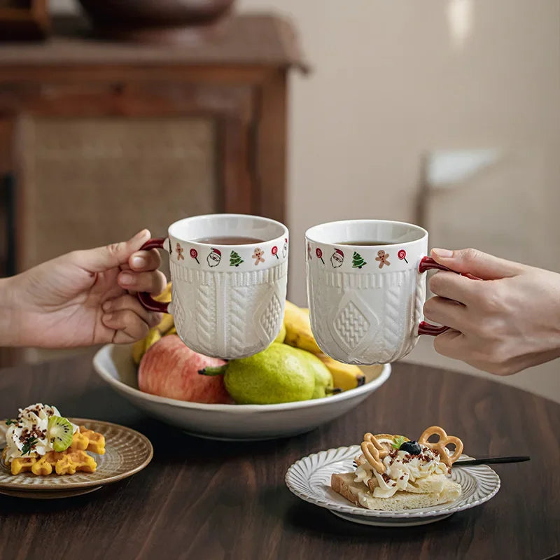 2Pcs/Set 12oz Ceramic Espresso Cups Porcelain Coffee Mugs Set for Tea Latte Cafe Mocha Couple Cozy Sweater Cups Christmas Gift L Good Vibrations