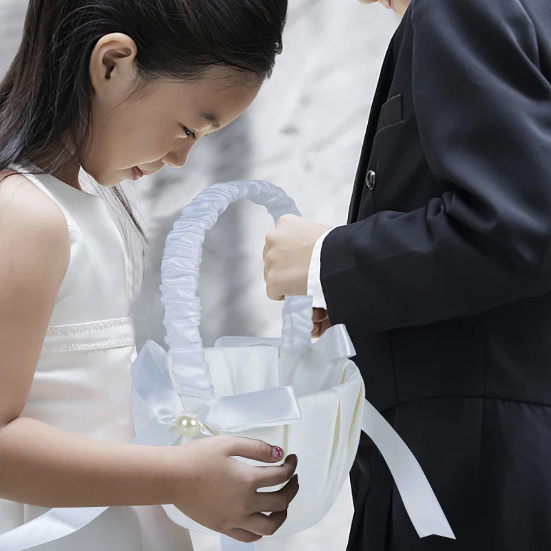 20 cm White Flower Girls Basket Silk Wedding Basket for Flower Bride/Kids Hand Held Wedding Ceremony Party Decorations Good Vibrations