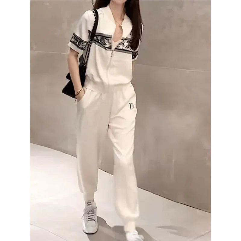 Summer Sporty Casual Women's Short Sleeve Two-Piece Set Trendy White Open Cardigan And Loose Pants Street Style Outfit Good Vibrations