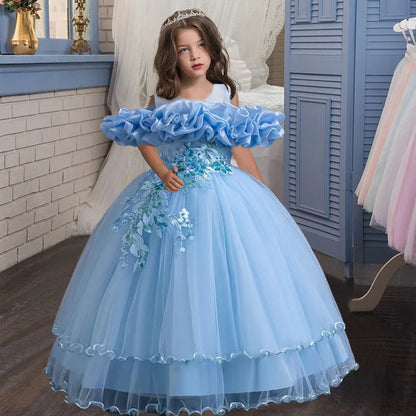New Elegant Girl Party Dress Long Wedding Bridesmaid Dress 4-13 Year Old Mesh Embroidered Graduation Ball Evening Dress Good Vibrations