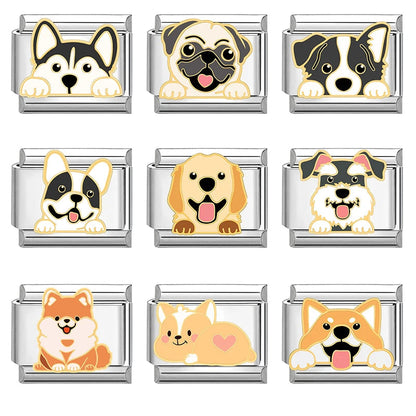 Cartoon Charm Teddy Corgi Shiba Inu Pet Dog Italian Charm Links Fit 9mm Bracelet Stainless Steel DIY Jewelry Making Wholesale Good Vibrations