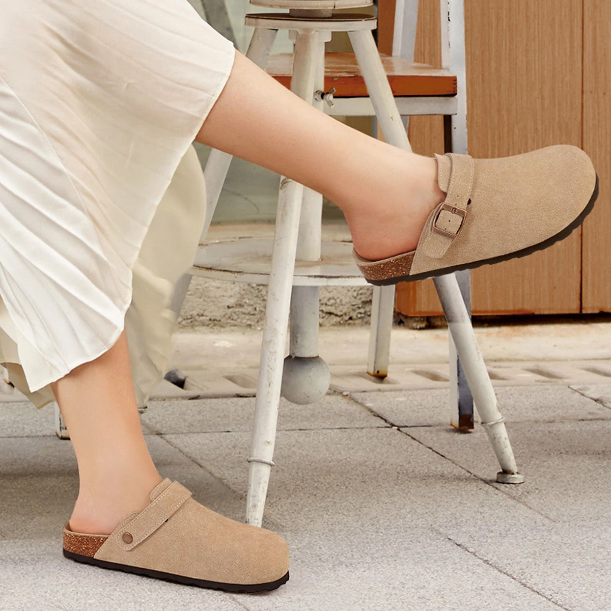 Comwarm Women's Suede Clogs with Adjustable Strap Cork Footbed Leather Mules Slippers Unisex Outdoor Comfortable Potato Shoes Good Vibrations