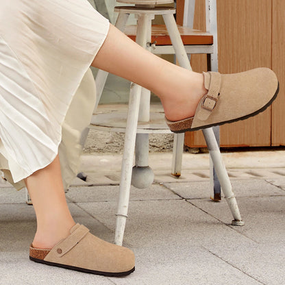 Comwarm Women's Suede Clogs with Adjustable Strap Cork Footbed Leather Mules Slippers Unisex Outdoor Comfortable Potato Shoes Good Vibrations