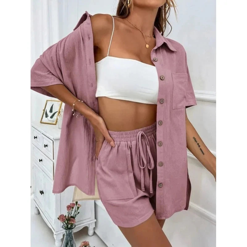 Fashion Black Short Sleeve Shirt And Shorts Two Piece Sets Women 2025 Summer Cotton Linen Casual Home 2 Piece Sets Women Outfit Good Vibrations