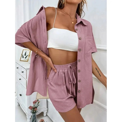 Fashion Black Short Sleeve Shirt And Shorts Two Piece Sets Women 2025 Summer Cotton Linen Casual Home 2 Piece Sets Women Outfit Good Vibrations