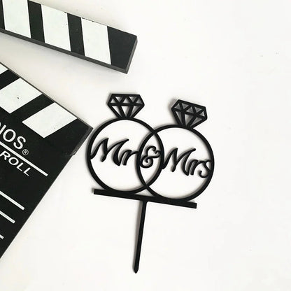 Mrs & Mrs Wedding Party Cake Topper Gold Black Ring Acrylic Wedding Cake Toppers Dessert Decoration Bride Groom Baking Supplies Good Vibrations