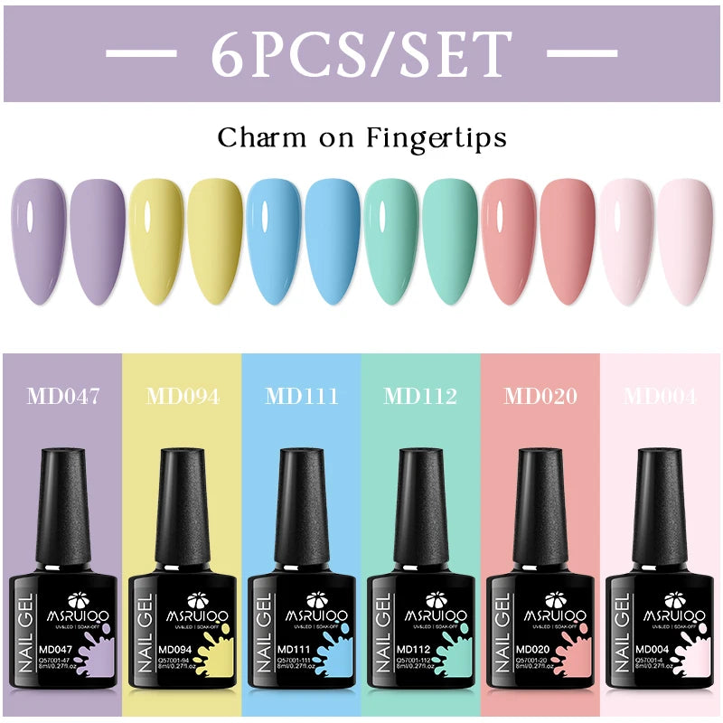 MSRUIOO 6pcs Nude Pink Gel Nail Polish Set Glitter Colorful Semi Permanent UV Gel Kits DIY Nail Art Painting Varnish Manicure Good Vibrations