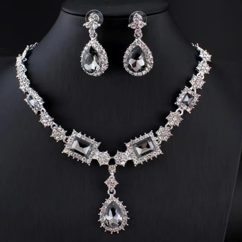 Bridal Jewelry Set Wholesale Silver Plated Red Green Blue Crystal Rhinestone Drop Earrings and Luxury Wedding Necklace for Women Good Vibrations