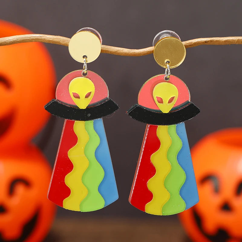 8 pairs of Halloween flame demons, cute little ghosts, acrylic earrings, skull heads, alien spaceships, pumpkin ghosts Good Vibrations