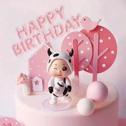 Child Happy Birthday Acrylic Cake Toppers Flag Pink Farm Happy Cow Baby Rabbit for Kid's Birthday Cake Party Supplies Gifts Good Vibrations