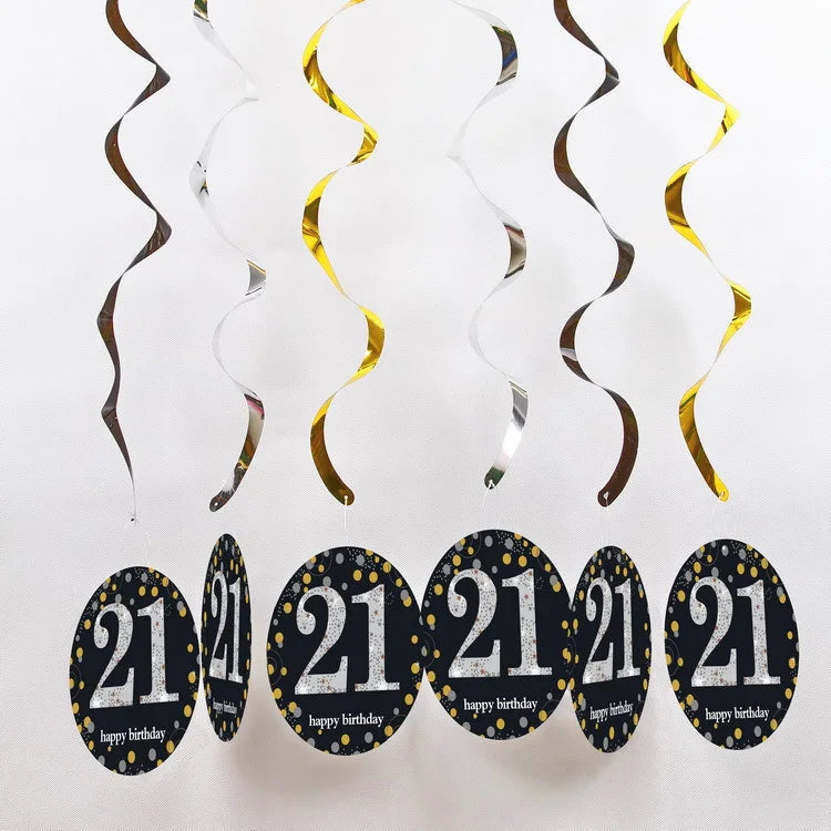 6pcs PVC 18 21 30 40 50 Years Old Spiral Happy Birthday Swirl Hanging Ornaments Party Background Layout Decor Supplies Good Vibrations