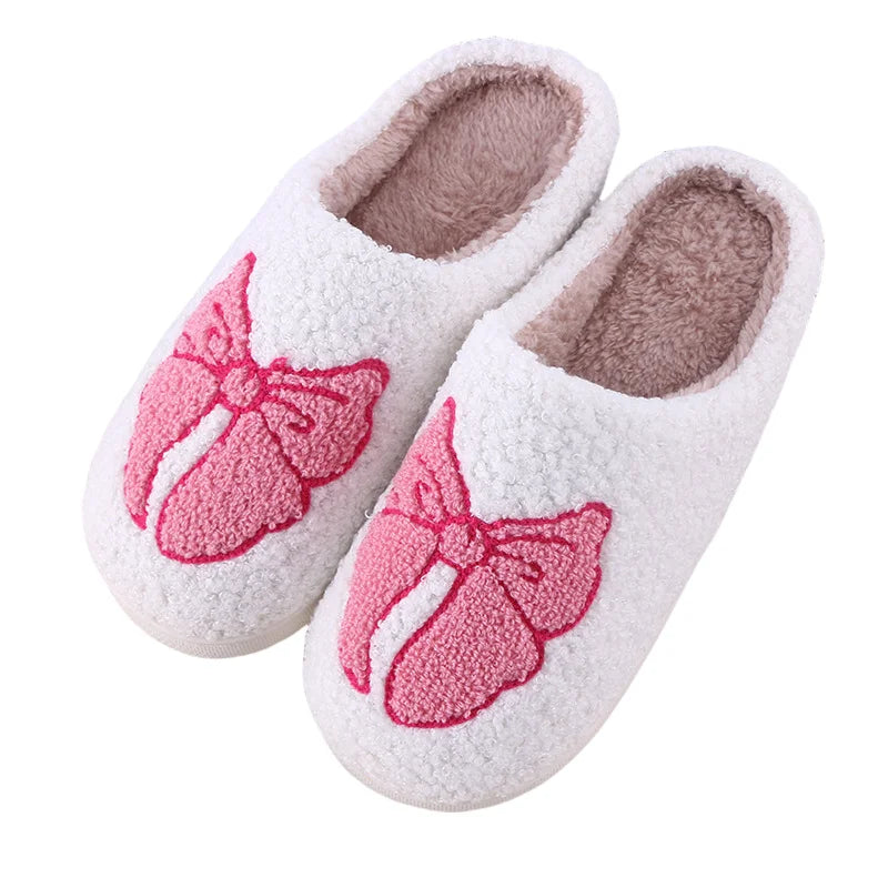 Women's Lovely Pretty Bow Flowers Slippers Men Cartoon Soft Warm Sandals Females Cute Plush Cotton Flat Slides For Autumn Winter Good Vibrations