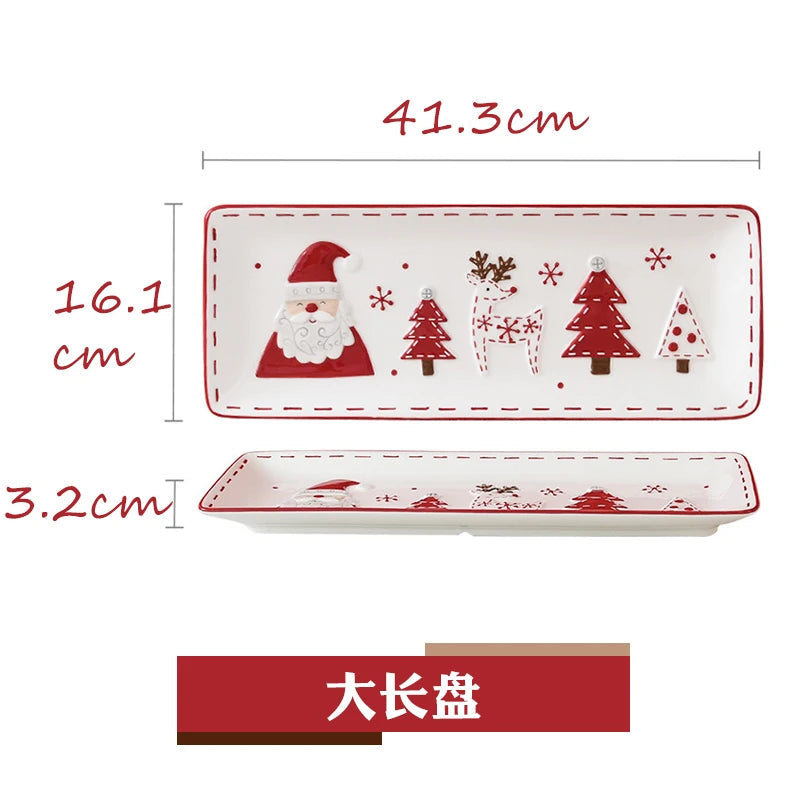 Christmas Hand-painted Ceramic Tableware Set Cute Christmas Steak Plate Embossed Underglaze Color Flat Plate Good Vibrations