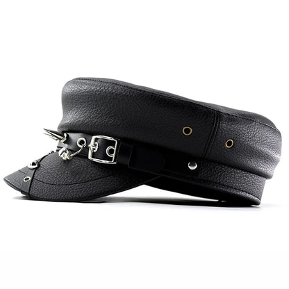 Women's Trendy Beret Black Pu Leather Flat Top Captain Military Caps Women's Accessories Good Vibrations