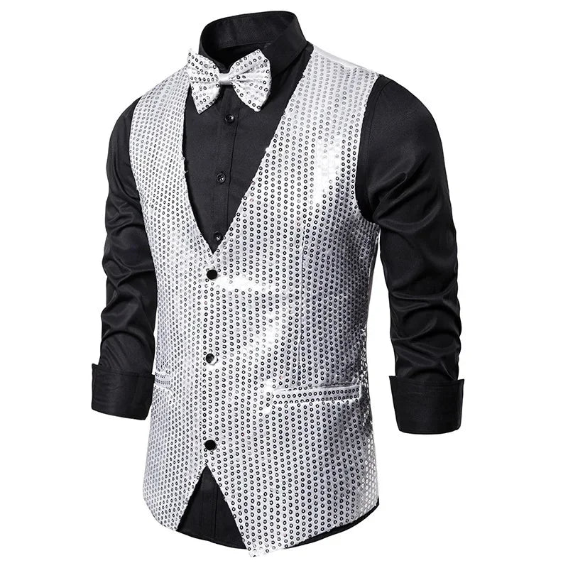 Gold Men's Sequin Vest Jacket, Single-breasted V-neck Sleeveless Vests Coat, Wedding Party Waistcoat Silver Blue Purple Red Tops