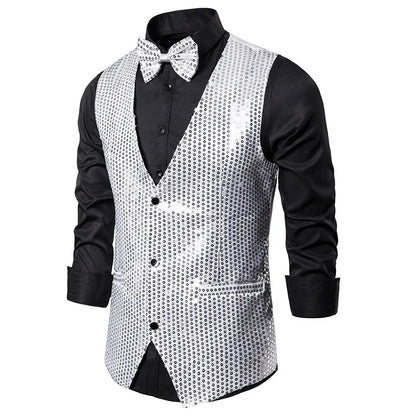 Gold Men's Sequin Vest Jacket, Single-breasted V-neck Sleeveless Vests Coat, Wedding Party Waistcoat Silver Blue Purple Red Tops