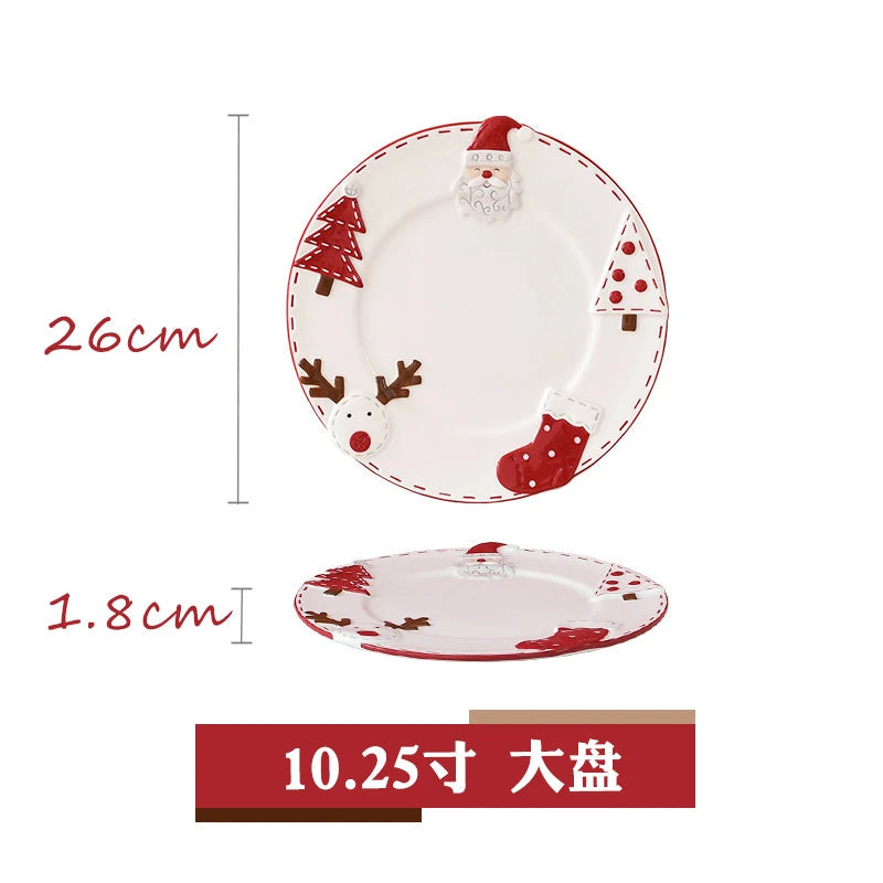 Christmas Hand-painted Ceramic Tableware Set Cute Christmas Steak Plate Embossed Underglaze Color Flat Plate Good Vibrations