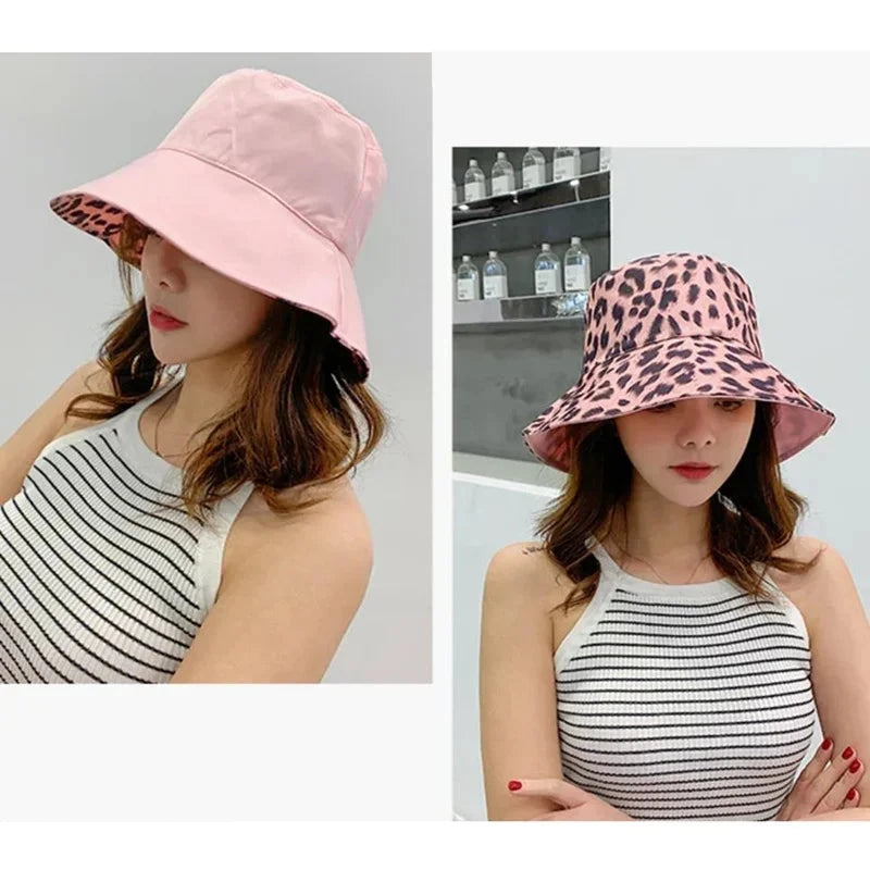 Flattop Ladies' Hat Street Women Leopard Print Bucket Comfortable Breathe Foldable Beach Flat Top Sun Fishing Hats for Women Good Vibrations