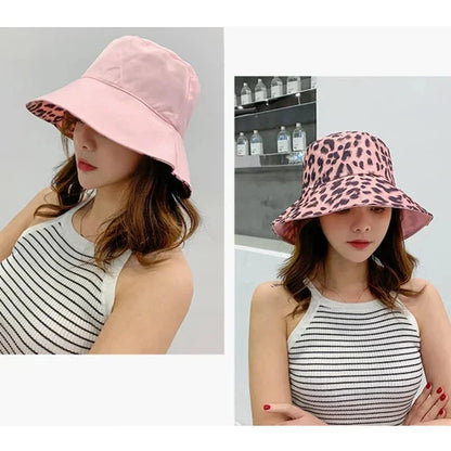 Flattop Ladies' Hat Street Women Leopard Print Bucket Comfortable Breathe Foldable Beach Flat Top Sun Fishing Hats for Women Good Vibrations