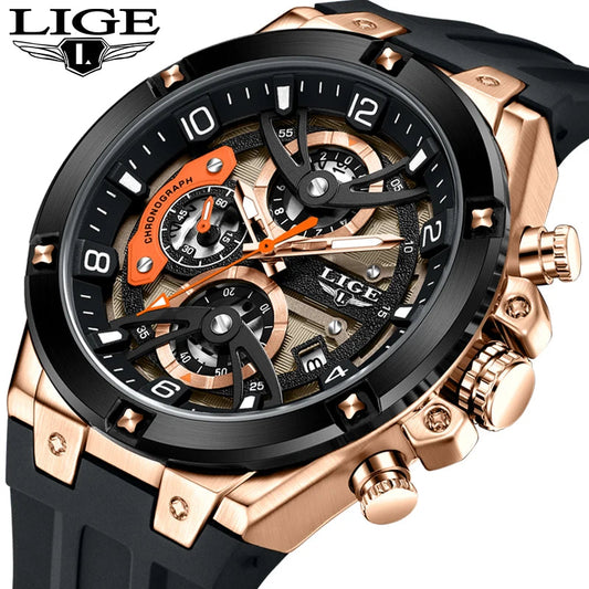 LIGE Luxury Military Men Watch Waterproof Luminous Date Sport Man Wristwatch Chronograph Silicone Strap Quartz Men's Watches Good Vibrations