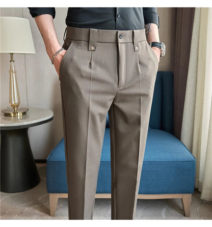 Mens Suit Pants 2025 Autumn New British Style Elastic Waist Solid Casual Formal Dress Pants Slim Fit Trousers for Men Clothing Good Vibrations