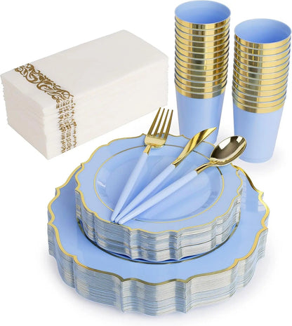Plates Disposable, 50 Plastic Maroon Plates, Red Plastic Dinnerware Set, 25 10oz Cups, 75 Gold Cutlery, 25 Gold Napkins Good Vibrations