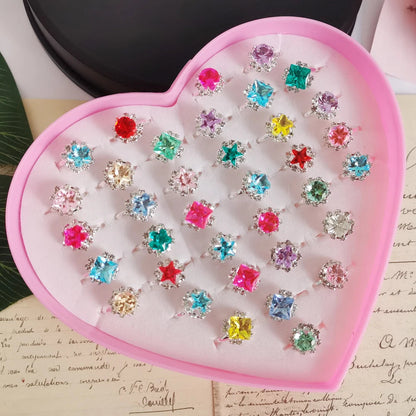 12/36PCS/set Adjustable Kids Crystal Rings Jewelry Heart Star Square Open Finger Ring For Children Girl Party Gift Good Vibrations