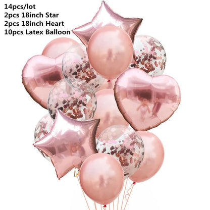 14pcs Rose Gold Mix Star Heart Confetti Latex Balloons Birthday Party Decorations Kids Adult Wedding Anniversary Globos Supplies Good Vibrations