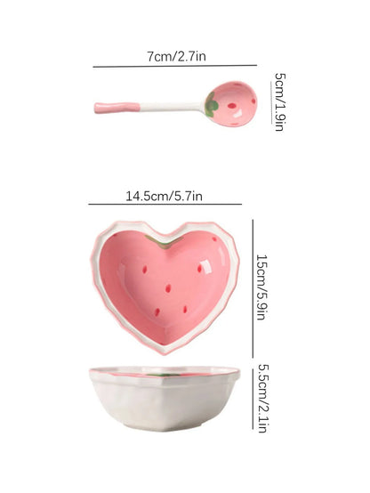 3pcs Strawberry Bowl Spoon Plate set beautiful girl heart bowl salad bowl dessert household tableware Good Vibrations