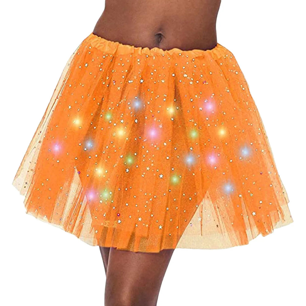 Halloween Cosplay Women Star Sequins Mesh Pleated Tulle Princess Skirt With LED Skirt Party Dancing Miniskirt Costume Clothing Good Vibrations