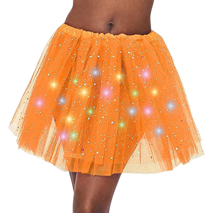 Halloween Cosplay Women Star Sequins Mesh Pleated Tulle Princess Skirt With LED Skirt Party Dancing Miniskirt Costume Clothing Good Vibrations