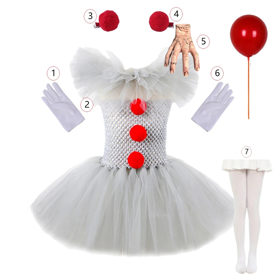 Halloween Costume For Kids Gray Girls Tutu Dress Kids Cosplay Scary Clown Costume Carnival Masquerade Party Dress Up 3-12Y Good Vibrations