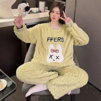 Thickened Cute Cartoon Sleepwear Set for Women Warm Home Clothes plus Size Long Sleeve round Neck Comfortable Polyester Fiber Good Vibrations