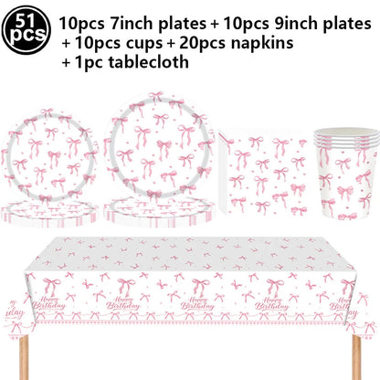 Pink Banner Happy Birthday Bow Balloon Straw Disposable Paper Plate Napkin Cup Tableware Princess Girl Birthday Party Supplies Good Vibrations