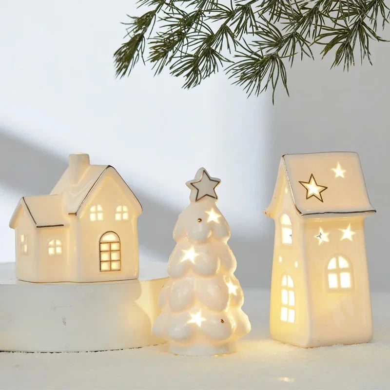 Christmas Ceramic Light Up Tree House Desktop Ornament Holiday Home Decor Tabletop Decoration Christmas Perfect Gift Idea Good Vibrations