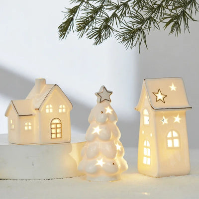 Christmas Ceramic Light Up Tree House Desktop Ornament Holiday Home Decor Tabletop Decoration Christmas Perfect Gift Idea