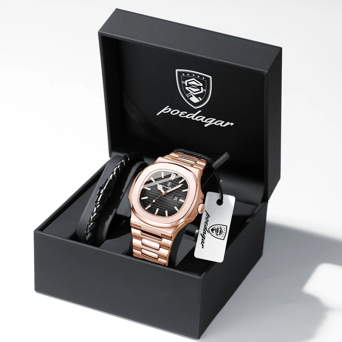 POEDAGAR Top Classic Men Wristwatch Waterproof Luminous Date Square Watch For Man Stainless Steel Sport Men's Quartz Watches+Box Good Vibrations