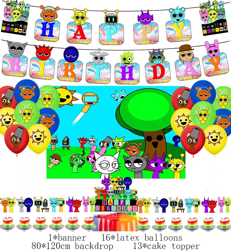 Incredibox sprunki Birthday Party Decorations Cake Topper Balloons Tablecloth Cups Plates Kids Birthday Party Supplies Good Vibrations