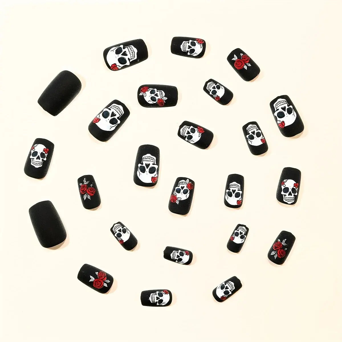 24pcs Halloween Nails Black Matte Rose Skull Print Design Full Coverage Press False Nails, for Women's Party Nail Art Decoration Good Vibrations