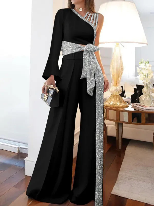 Elegant Two 2 Piece Sets Women Outfits Off-the-shoulder Sequin Tops and High-waisted Plus-size Wide-leg Pants Set Women's Set Good Vibrations