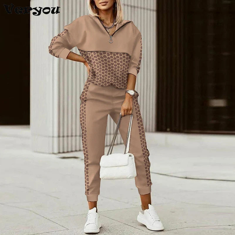 women fashion plaid print two-piece hooded top and flare pants set casual polyester outfit