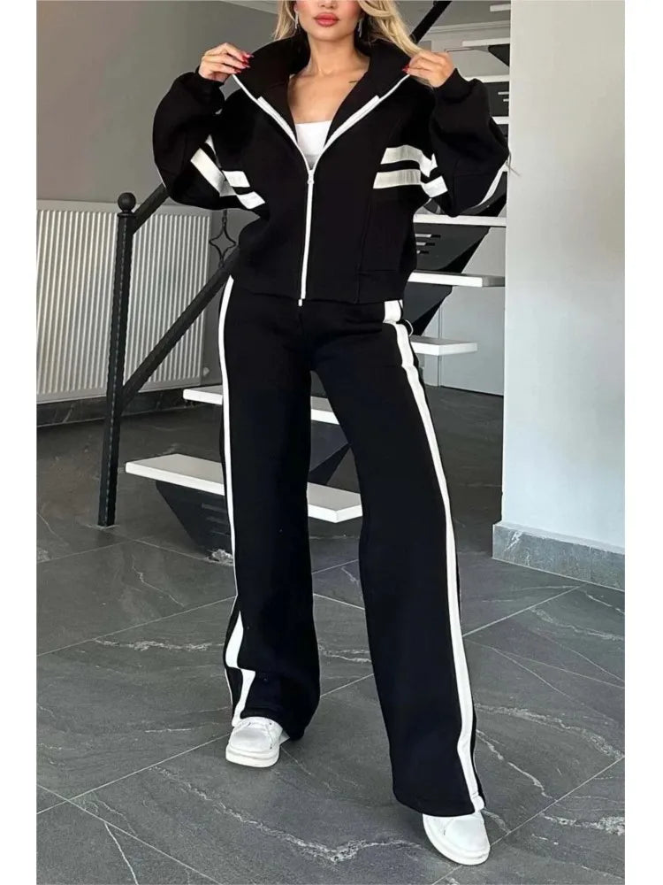 2025 Autumn Winter New Two-piece Set Women's Zipper Striped Loose Jacket Outwear And High Waist Side-striped Pants Sports Sets Good Vibrations