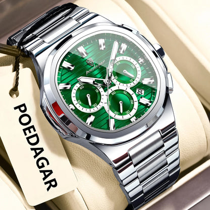POEDAGAR Business Man Wristwatch Date Chronograph Waterproof Luminous Luxury Men Watch Stainless Steel Quartz Men's Watches Male Good Vibrations