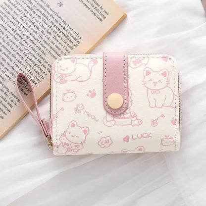 Cute Cat PU Leather Coin Purse Women Fashion Short Wallet Folding Zipper Wallet ID Card Holder Travel Lightweight Cash Coin Bags Good Vibrations