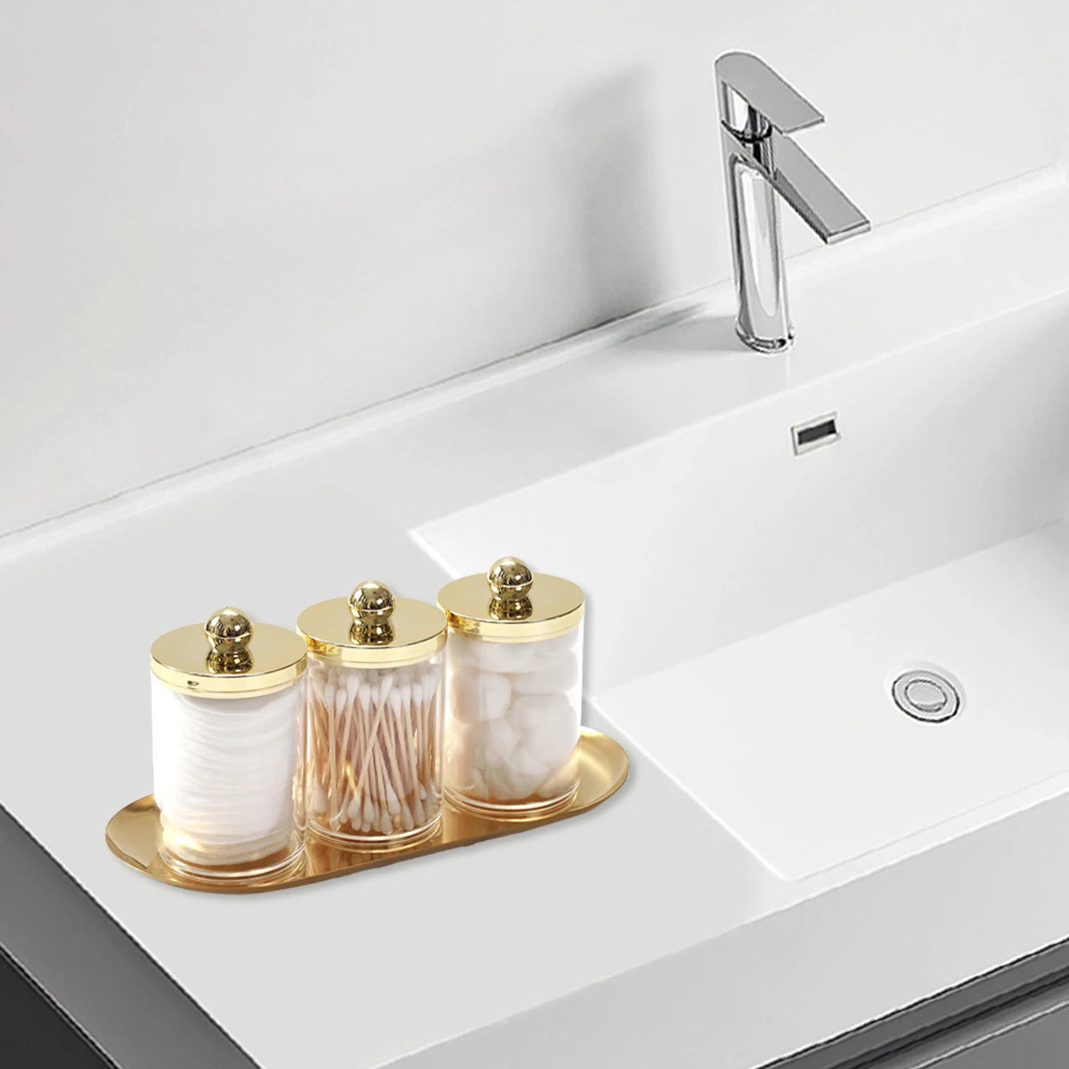 2/3 Pack Qtip Holder Bathroom Set with Golden Tray Organizer Acrylic Plastic Apothecary Jars Qtip Dispenser Canister with Lid Good Vibrations