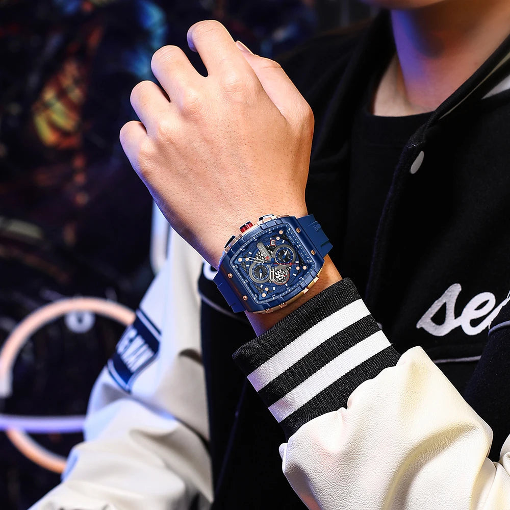 CURREN Sports Unique Rectangular Watches with Large Dial Casual Quartz Silicone Bands Wristwatches with Auto Date Good Vibrations